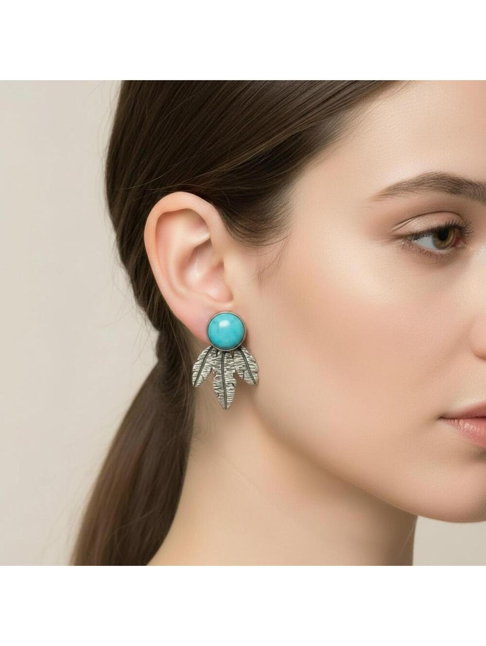 Southwestern Style Turquoise & Sterling Silver Feather Stud Earrings - Picture 4 of 4